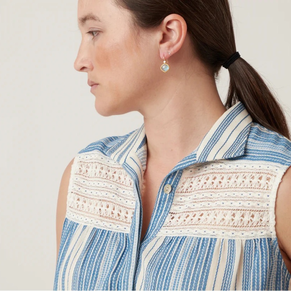 NWT Megan Park Rhea Crochet Yoke Striped Sleeveless Top Blouse Blue 1 / US 6